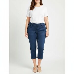Woman Within Womens Capri Jeans Size 14W Dark Blue Elastic Waist Stretch Denim‎